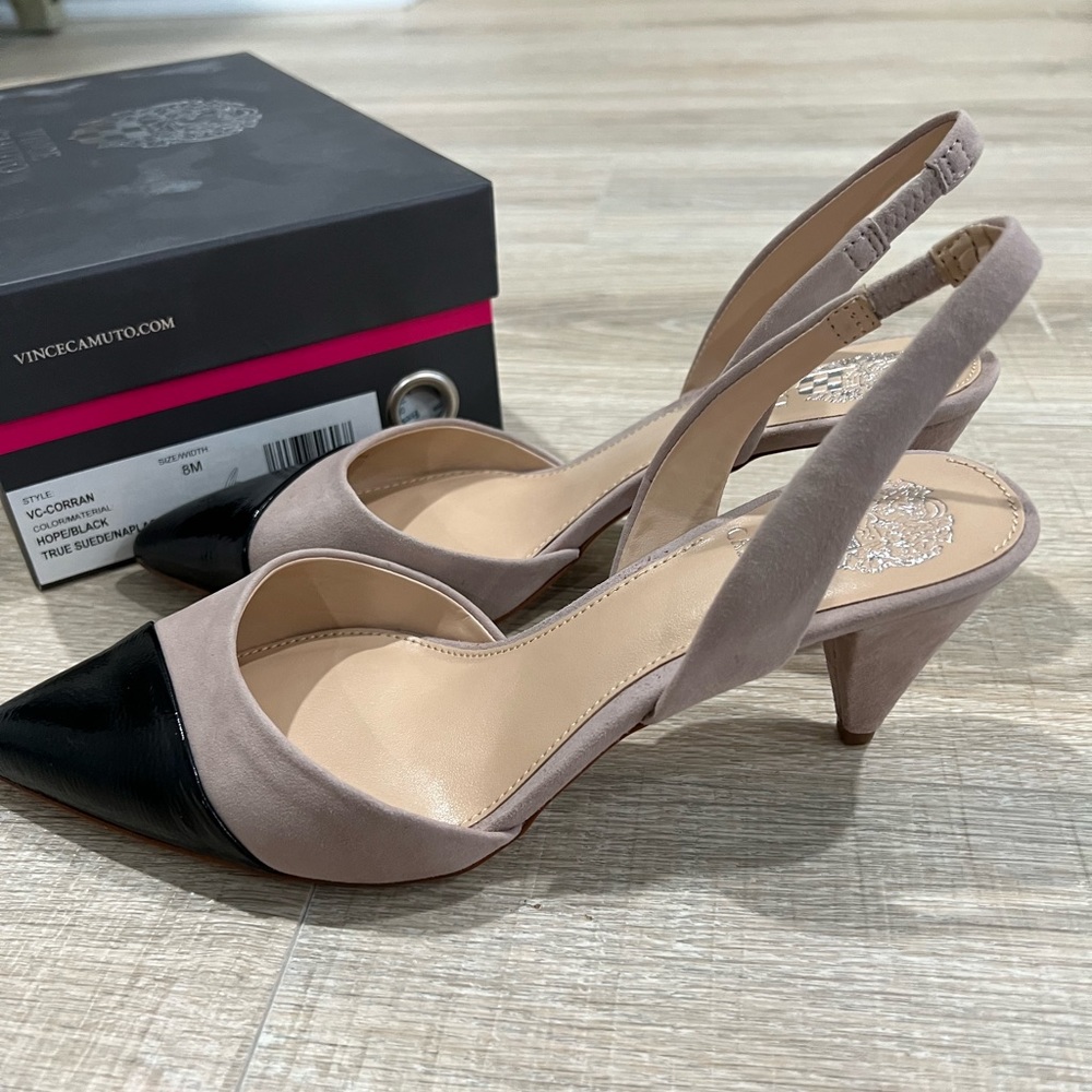 NIB Vince Camuto Hope Black Beige Suede Kitten Heels Shoes Sling Backs 8 M